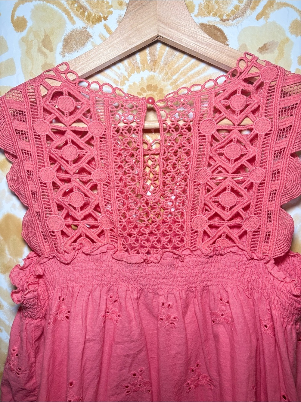 New York & Company Coral Eyelet Lace Crochet Blouse|Boho Smocked Sleeveless Top - Picture 9 of 11